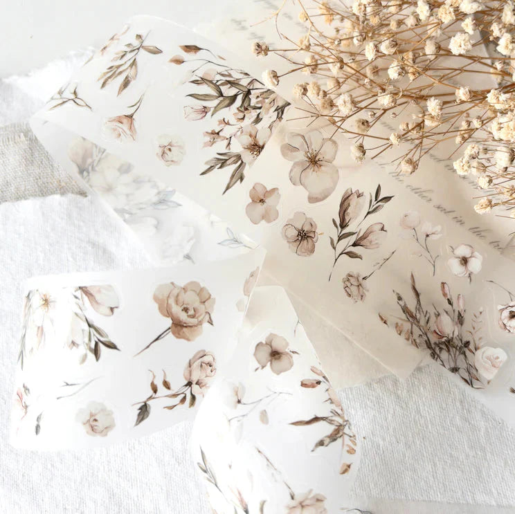 Blossoming PET Tape by Crea with Gaby with a floral pattern styled beside dried flowers