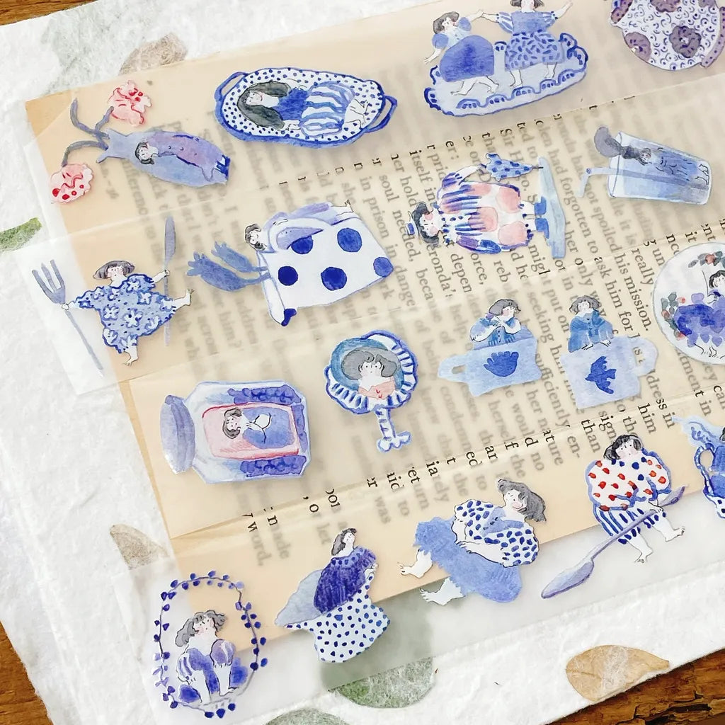 Blue And White PET Tape vintage girl and ceramic illustrations arranged on a book page