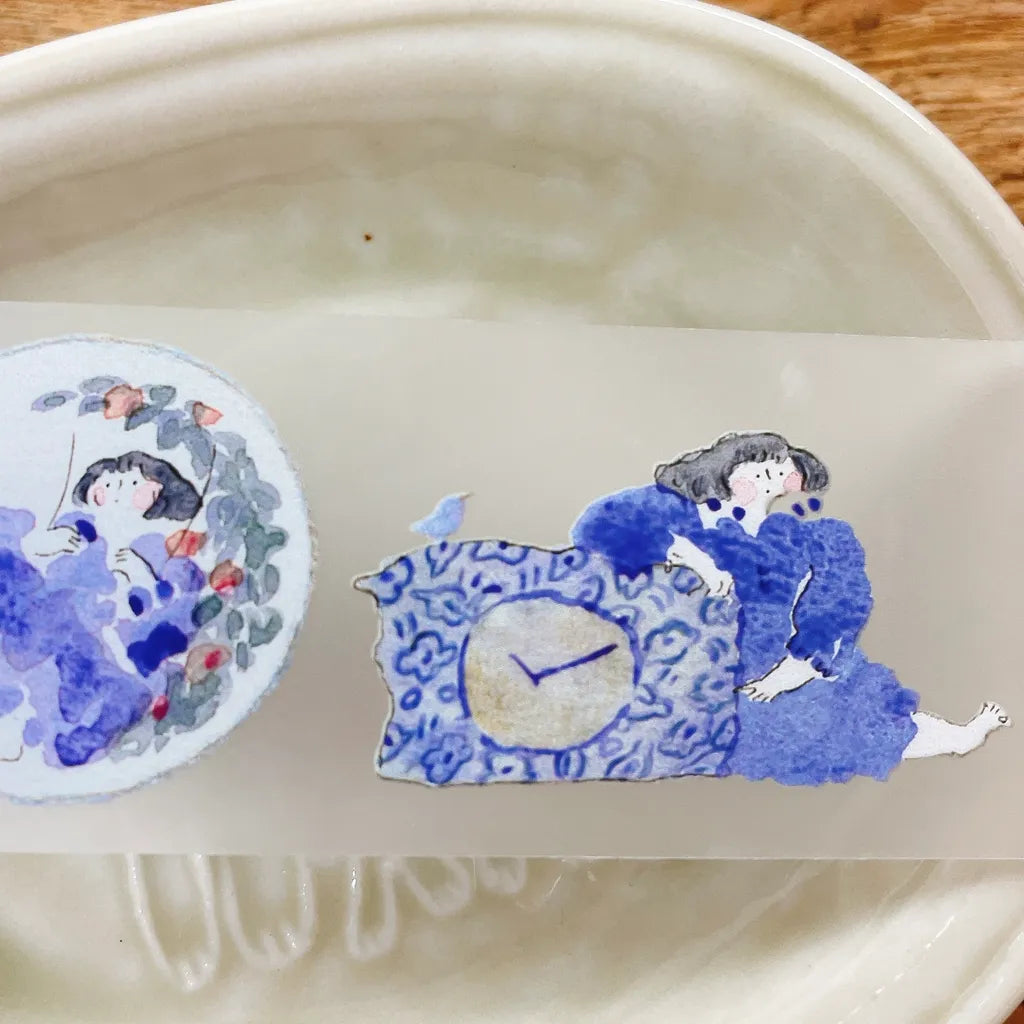 Blue And White PET Tape strip with a girl holding a polka dot pot on translucent backing