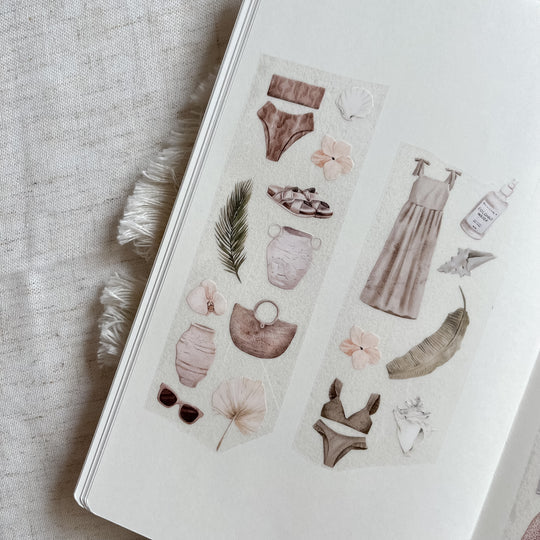 Sheet of Boho Summer PET Tape fashion and nature illustrations laid out on a textured craft surface