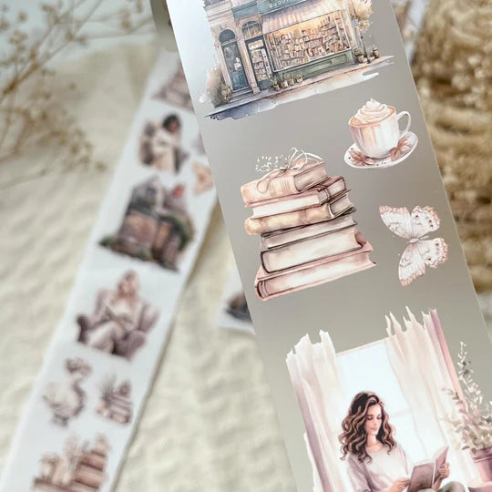 Sheet of Book Lover PET Tape designs featuring books, coffee and a reading woman on a textured backdrop