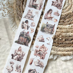 Two strips of decorative stickers with illustrations of people reading and relaxing on a textured surface.