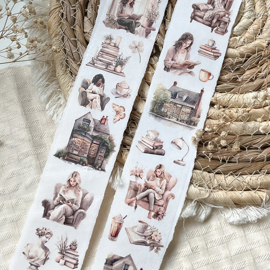 Two strips of Book Lover PET Tape showing people reading and relaxing, flat lay on a textured surface