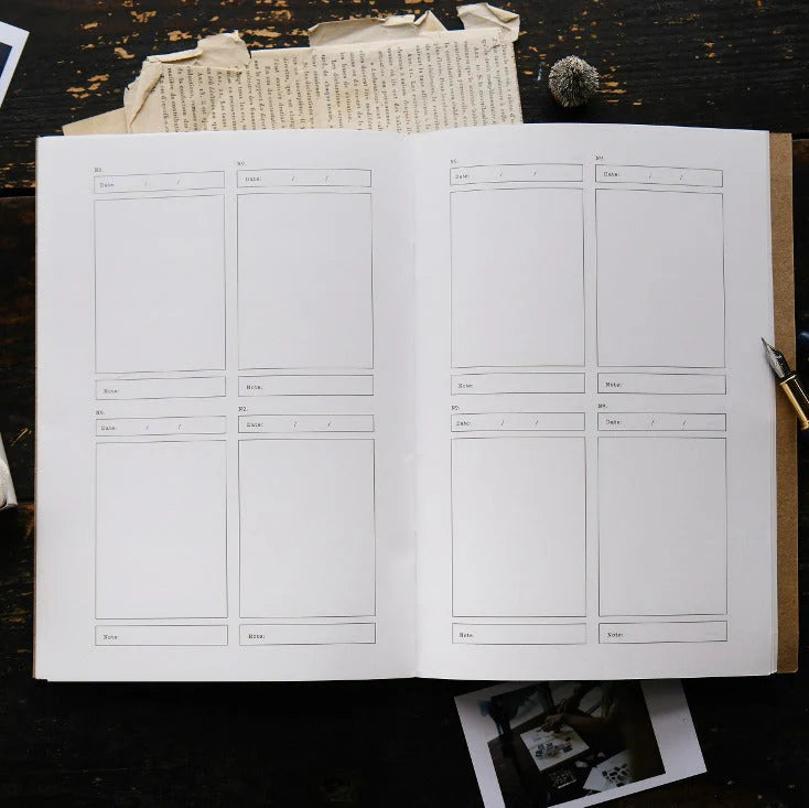 Open Brick Notes Notebook showing its pre-printed grid pages on a warm wooden surface