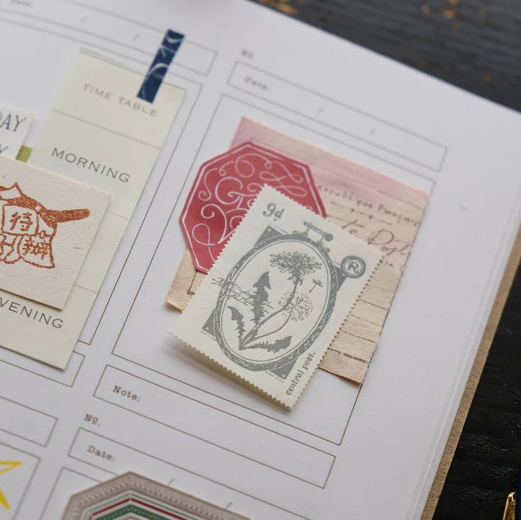 Collection of vintage-style stamps on a printed design with text and graphics.
