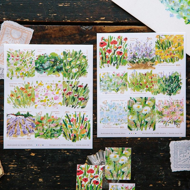Bright Bloom Stamp Sticker Sheet by OURS Studio — floral stamp sticker sheets on wood, for journaling