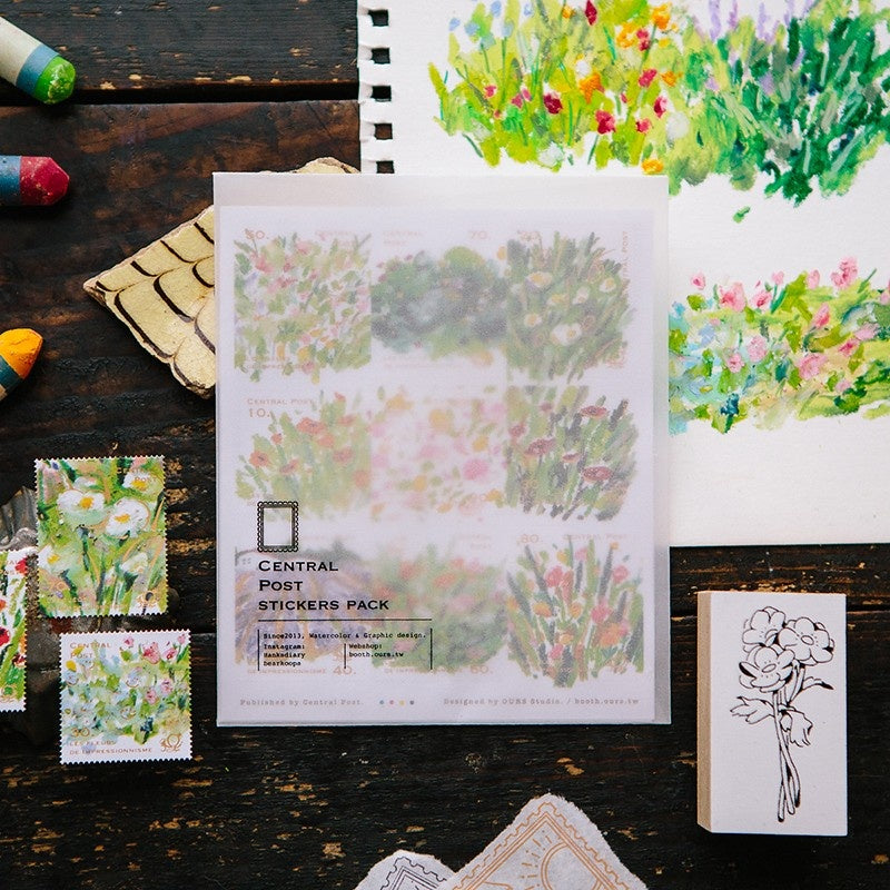 Bright Bloom Stamp Sticker Sheet by OURS Studio — floral stamp stickers on wood, for journaling