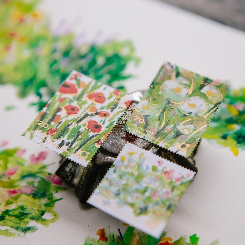 Bright Bloom Stamp Sticker Sheet by OURS Studio — floral stamp-style stickers on white, for journaling
