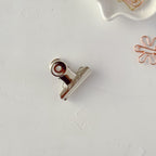 Metallic paper clip on a light gray surface