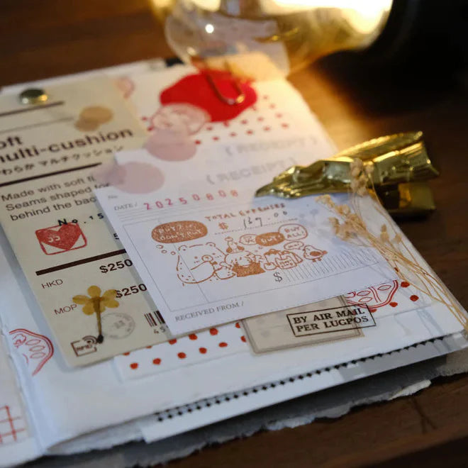Vintage receipt journaling layout using the Buy or Bye expense tracking stamp with a gold clip
