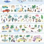 Set of illustrated washi tapes with beach and travel-themed designs.