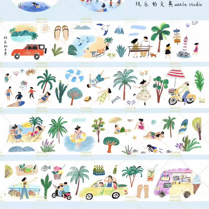 By The Ocean Washi Tape strips with beach and travel-themed designs, overhead view