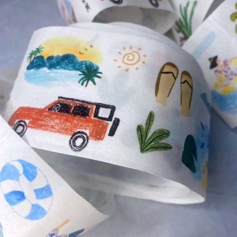 White cup decorated with By The Ocean Washi Tape beach illustrations on a white backdrop