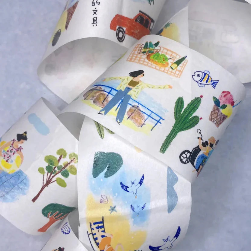 Set of By The Ocean Washi Tape rolls with seaside illustrations on light grey, top view
