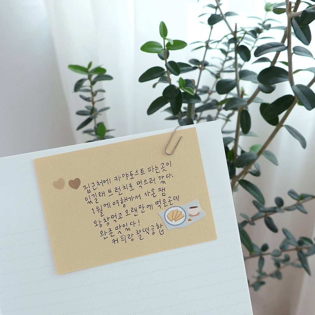 Note with Korean text and illustrations pinned to a whiteboard, from the Café Blue Sticker Sheet
