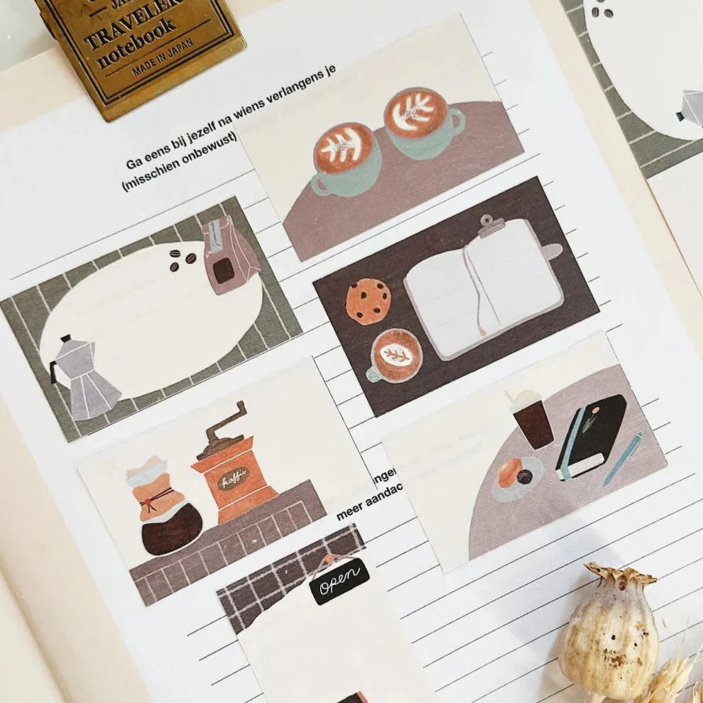 Cafe Sticky Memo Label Sticker Tape coffee illustrations styled on a notebook page