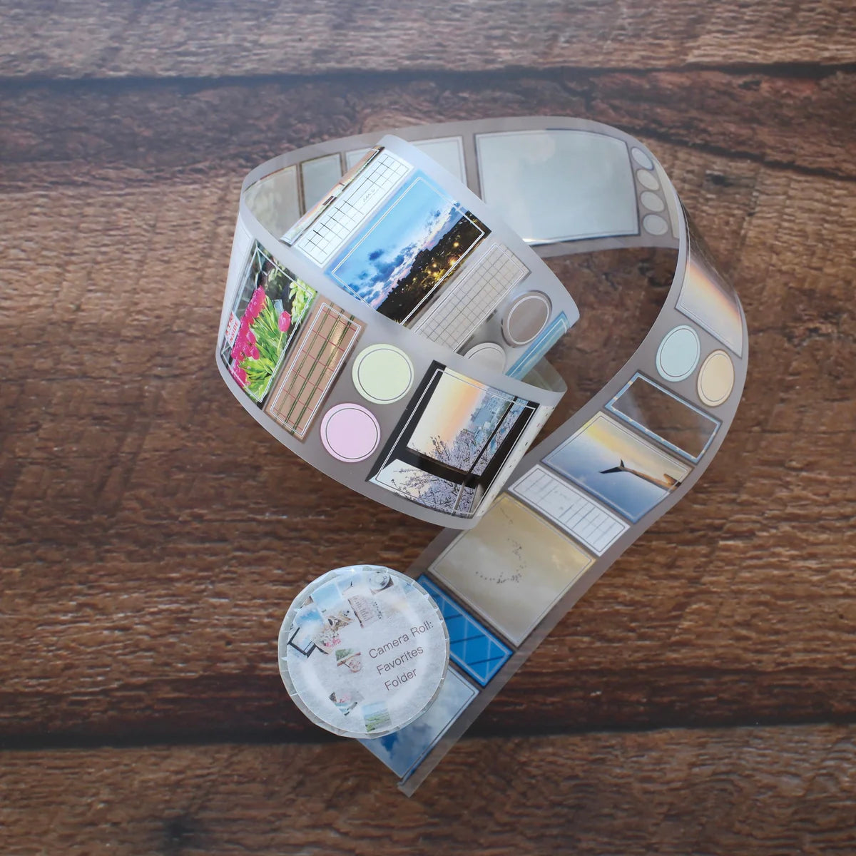 Round makeup palette with various cosmetic items on a wooden surface