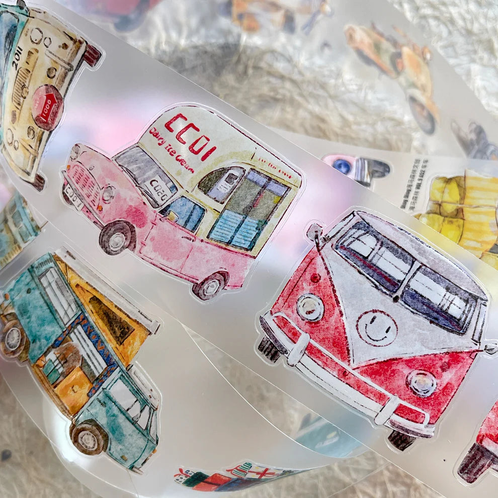 Car A52 PET Tape vintage vehicle illustrations arranged in a flat lay on a textured surface