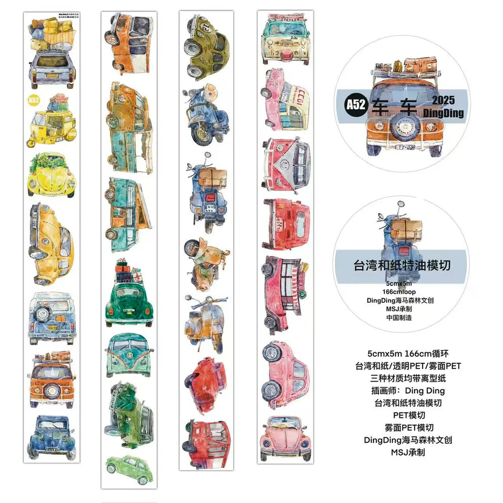 Car A52 PET Tape collection of colorful vintage car illustrations on a white background