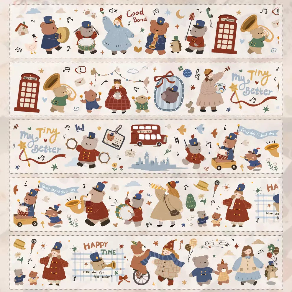 Set of Carols of Joy PET Tape strips with vintage cartoon characters and text on white