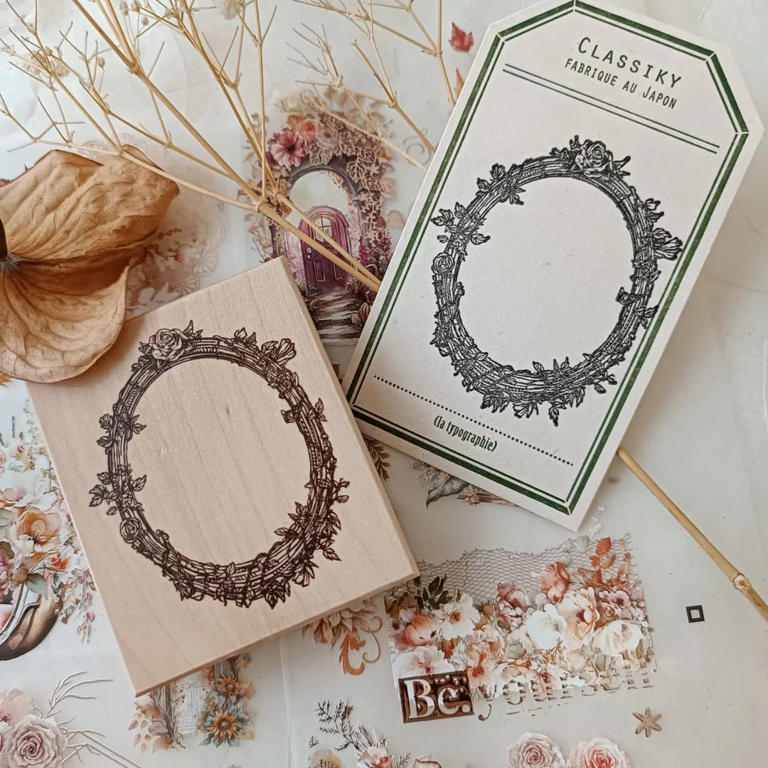 Rambling Roses Frame Rubber Stamp impressions shown as two frames on a Classiky floral backdrop