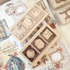 Collection of vintage-style rubber stamps on a textured surface