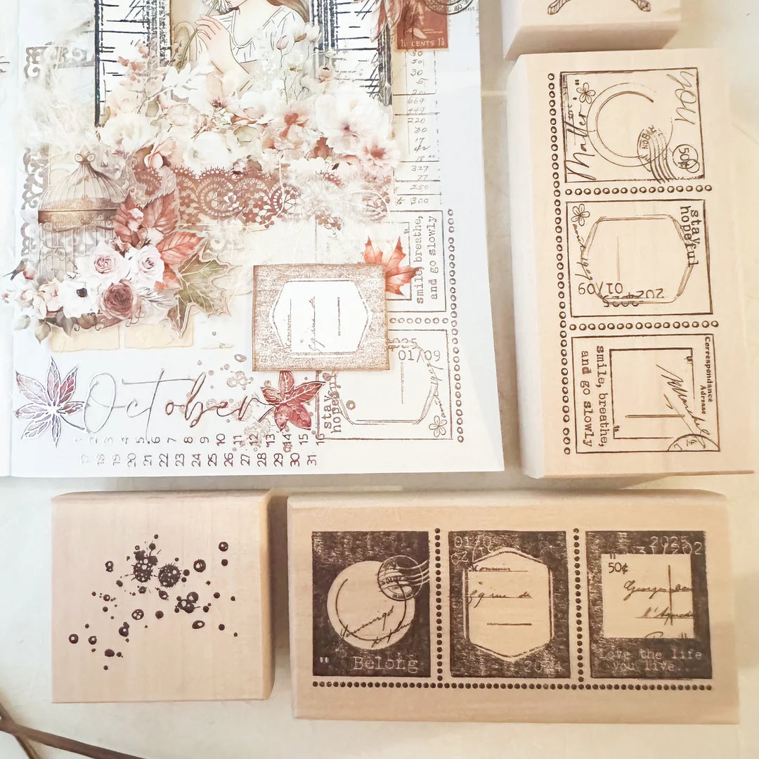 Set of rubber stamps with decorative designs on a white background