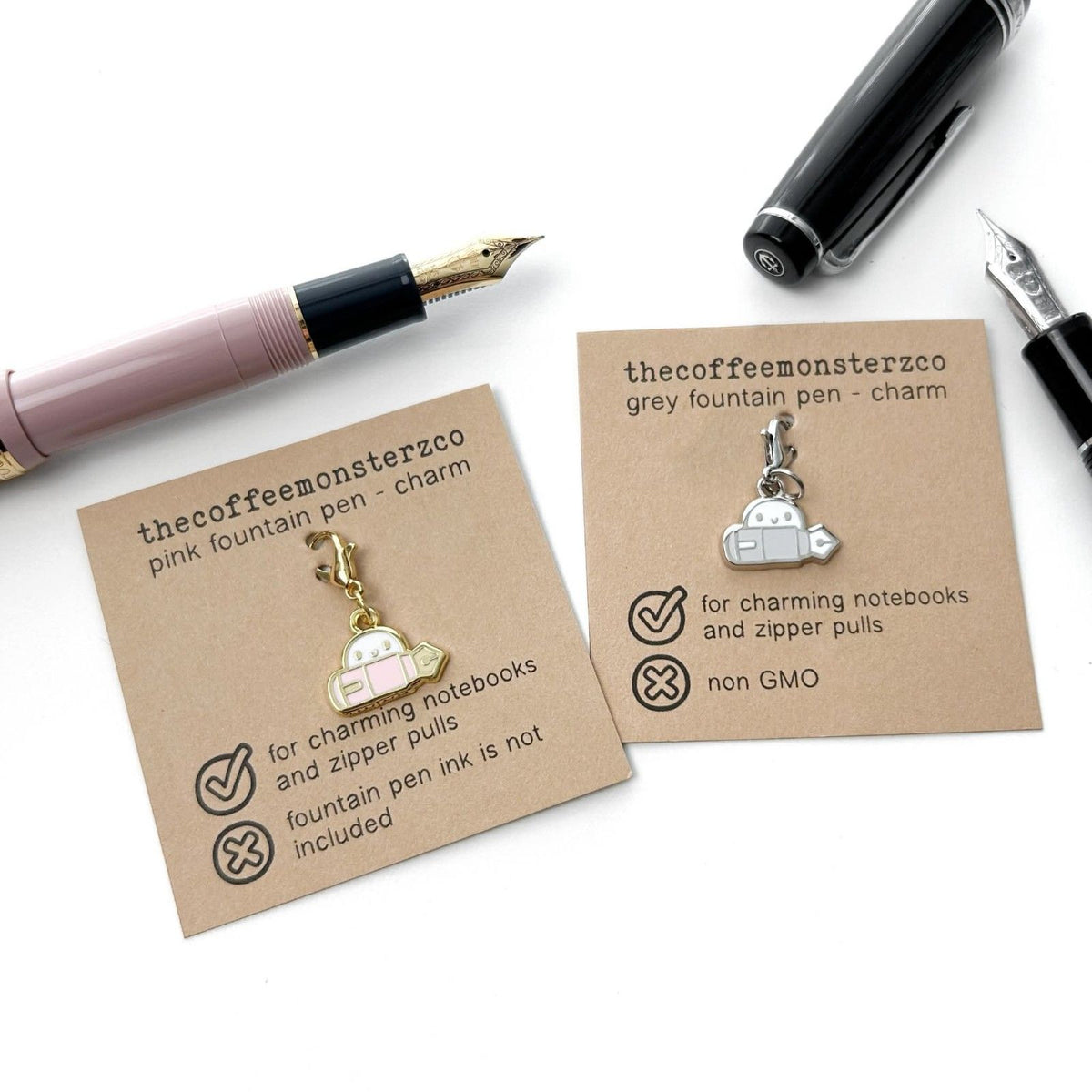 Fountain Pen Lobster-Clasp Charm by The Coffee Monsterz CO — two planner charms on cards, for journaling