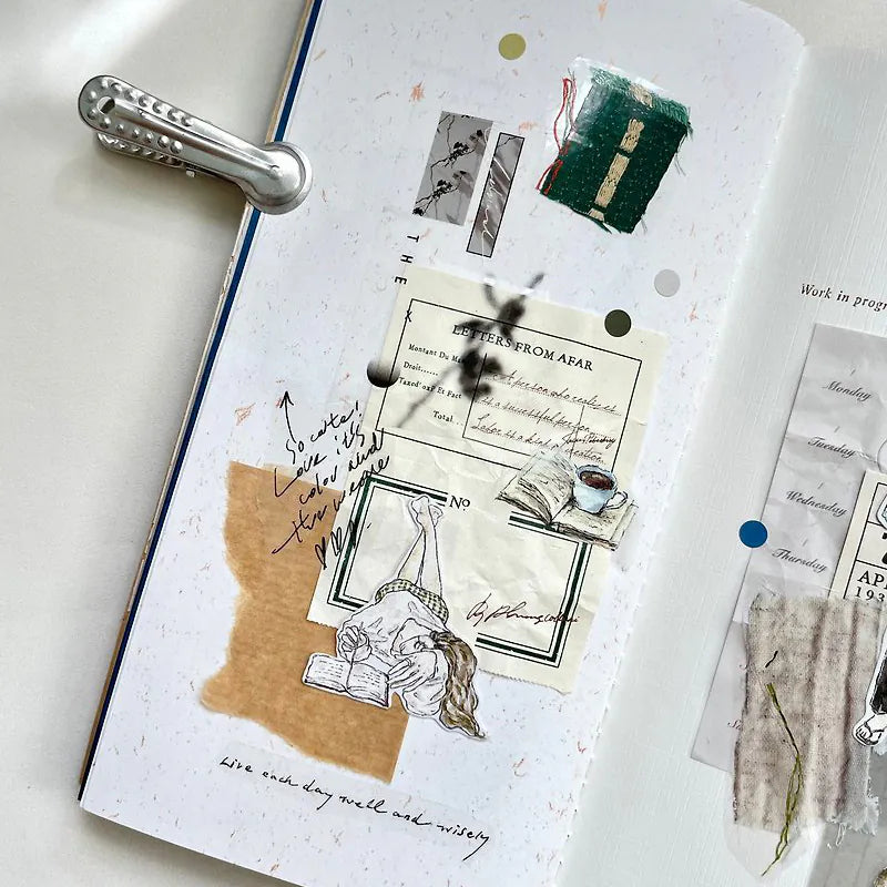 Notebook spread decorated with Chill V.1 Matte PET Tape illustrations on a white surface