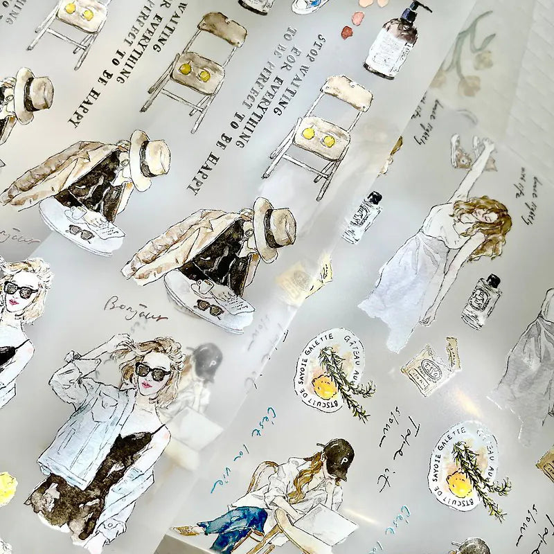 Chill V.1 Matte PET Tape fashion illustrations and packaging collaged on light grey