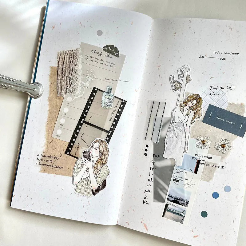 Open notebook collaged with Chill V.1 Matte PET Tape images and text on a light background