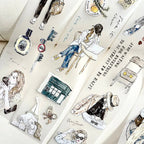 Collection of illustrated stickers featuring people, objects, and text on a white background.
