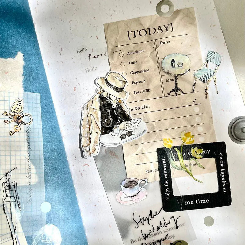 Chill V.2 Matte PET Tape vintage collage with a coffee cup, hat and deco text on texture