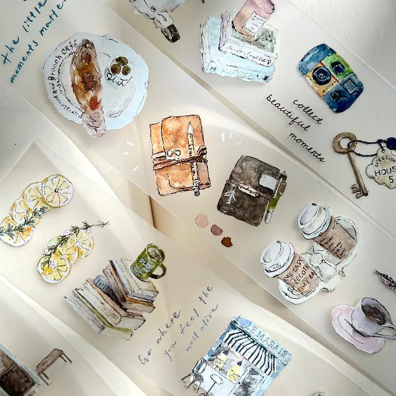 Chill V.2 Matte PET Tape miniature motifs including books and a teacup on a white surface
