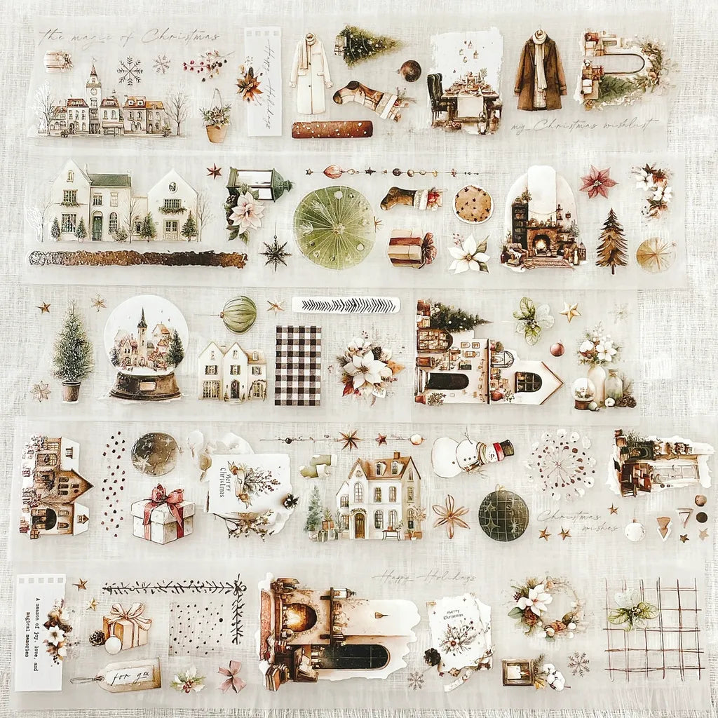 Christmas Wishes PET Tape houses, trees and ornament sticker designs on textured white