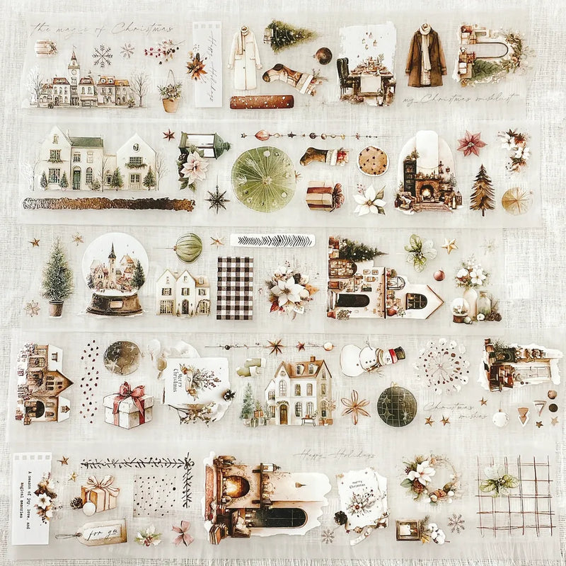 Christmas Wishes PET Tape houses, trees and ornament sticker designs on textured white
