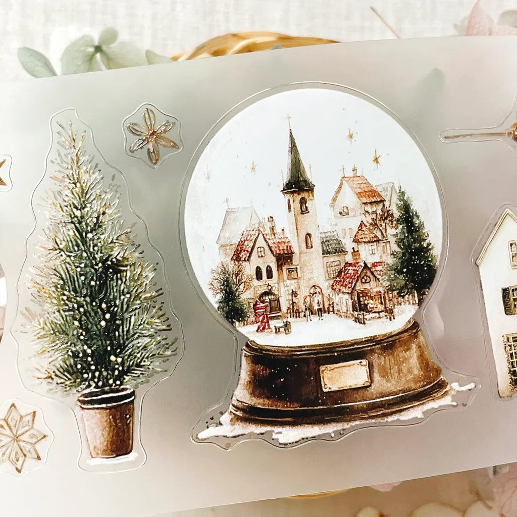 Christmas Wishes PET Tape snow globe, tree and house sticker set on a white backdrop