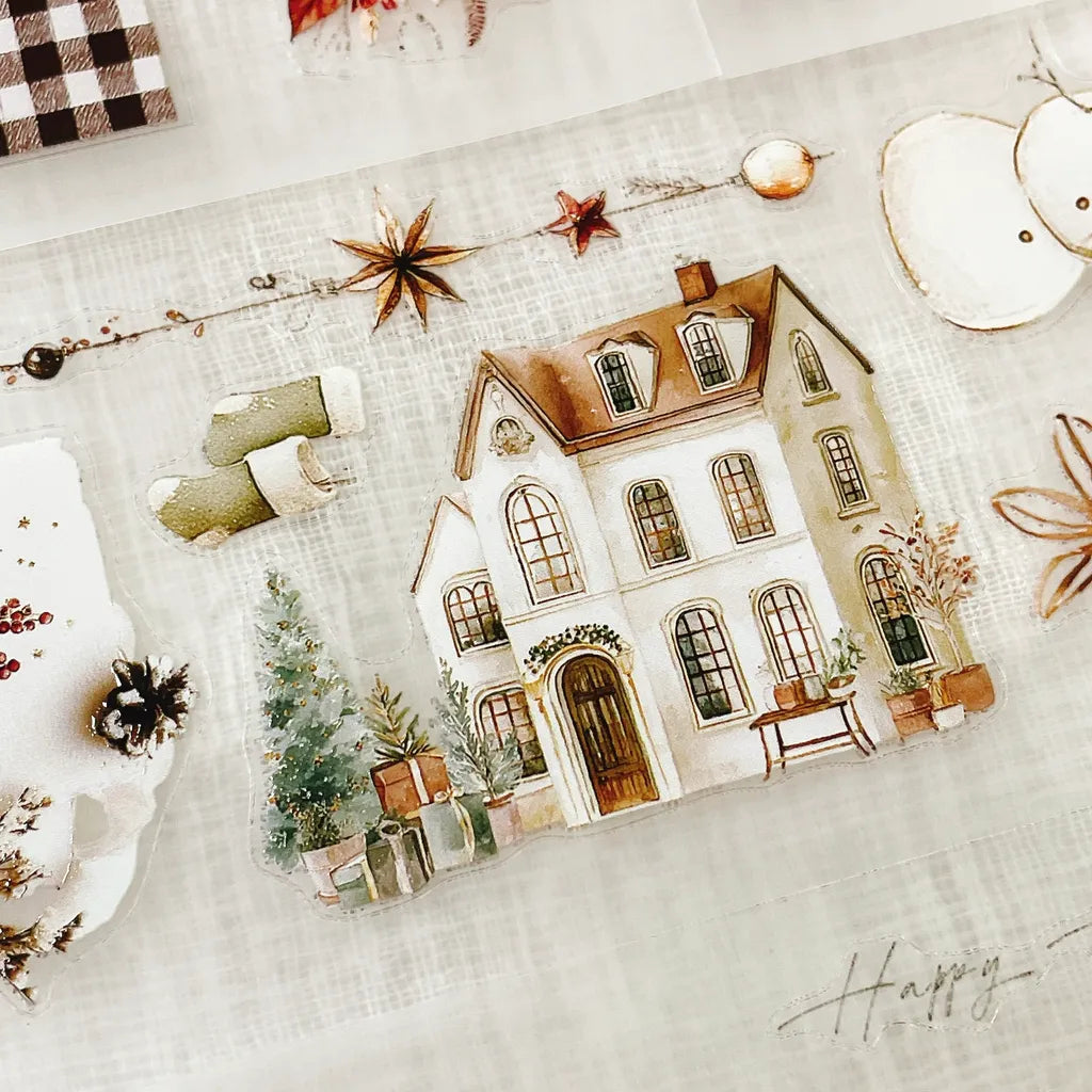 Christmas Wishes PET Tape decorated house card design on a textured surface, detail view