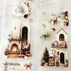 Collage of Christmas-themed illustrations including a fireplace, small house, and decorative elements on a textured white background.