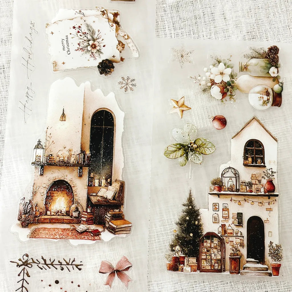 Christmas Wishes PET Tape collage of fireplace, house and festive deco on a white background