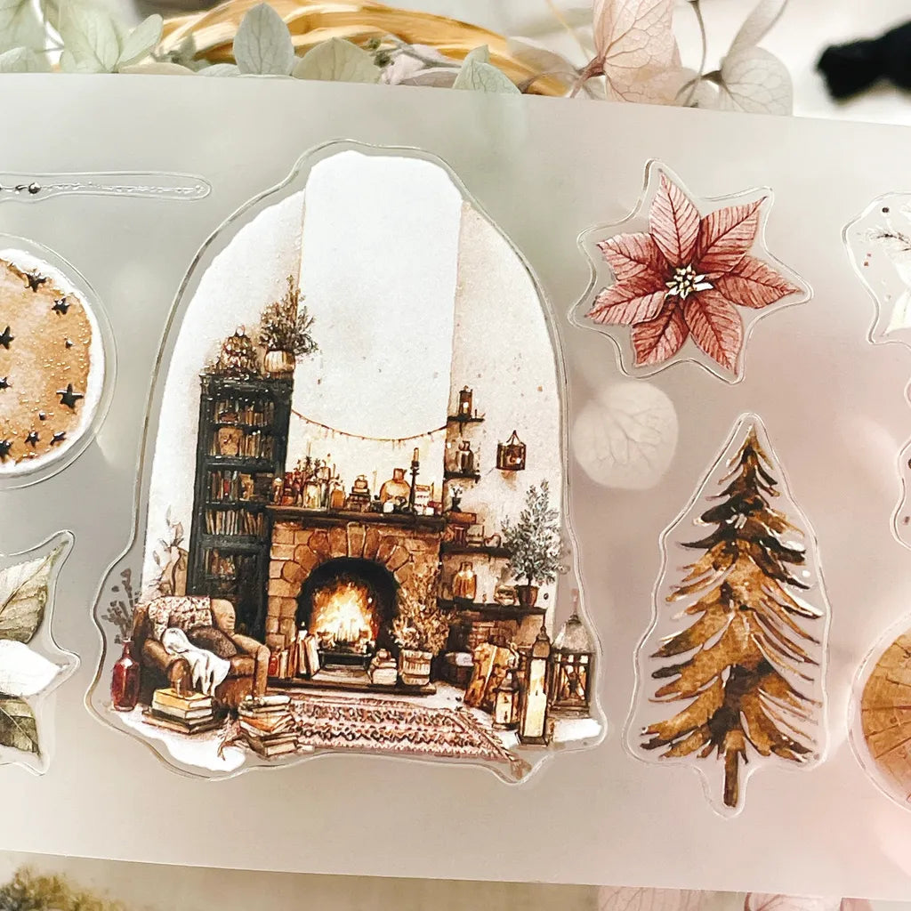 Christmas Wishes PET Tape fireplace, tree and poinsettia designs on a white card