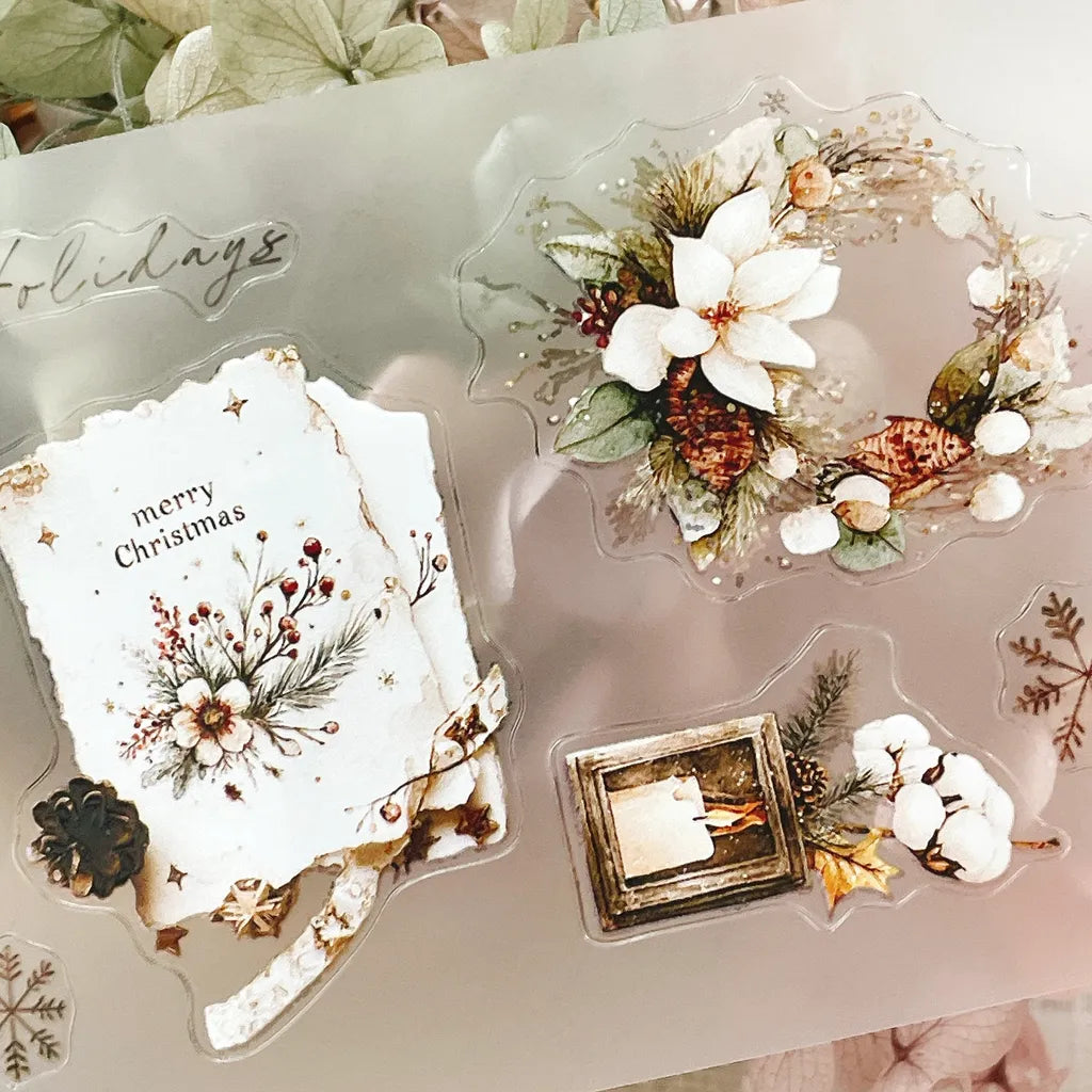 Christmas Wishes PET Tape floral cards with merry Christmas text on a textured surface