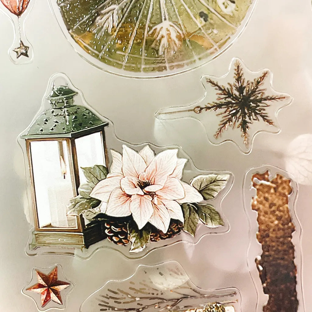 Christmas Wishes PET Tape lantern, flower and star sticker designs on a white background