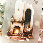 Decorative fireplace scene with books and lanterns on a white background