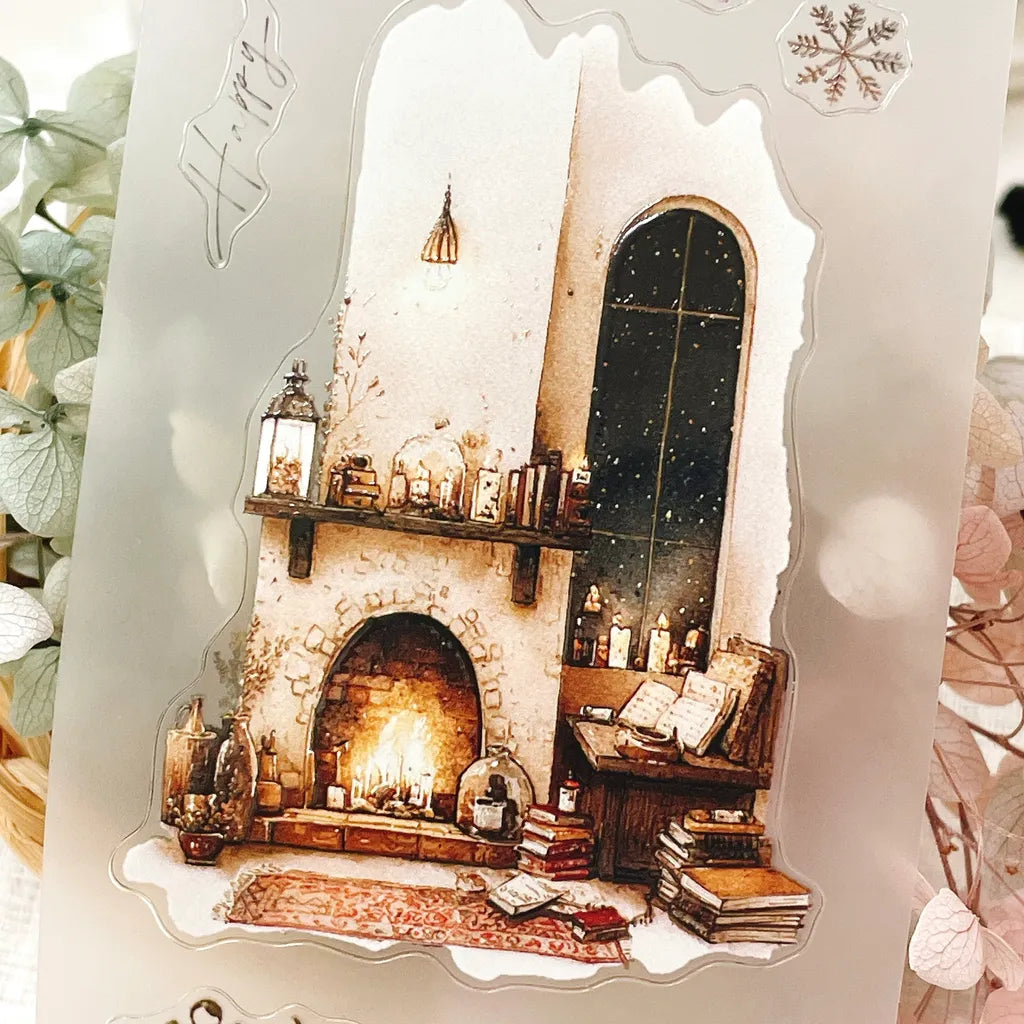 Christmas Wishes PET Tape cozy fireplace scene with books and lanterns on a white background