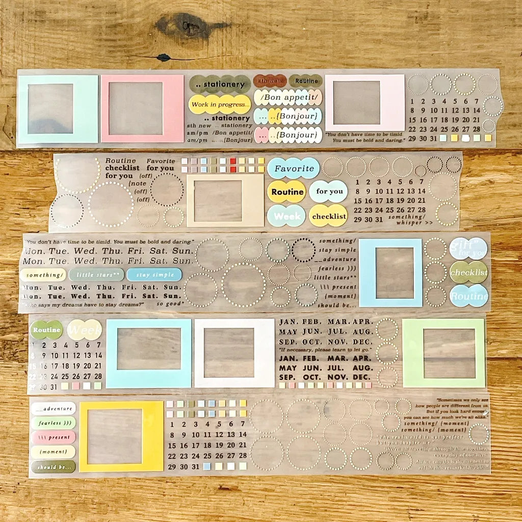 Close-up of Circle and Frame PET Tape pastel labels reading Favorite, Routine, Week and Checklist