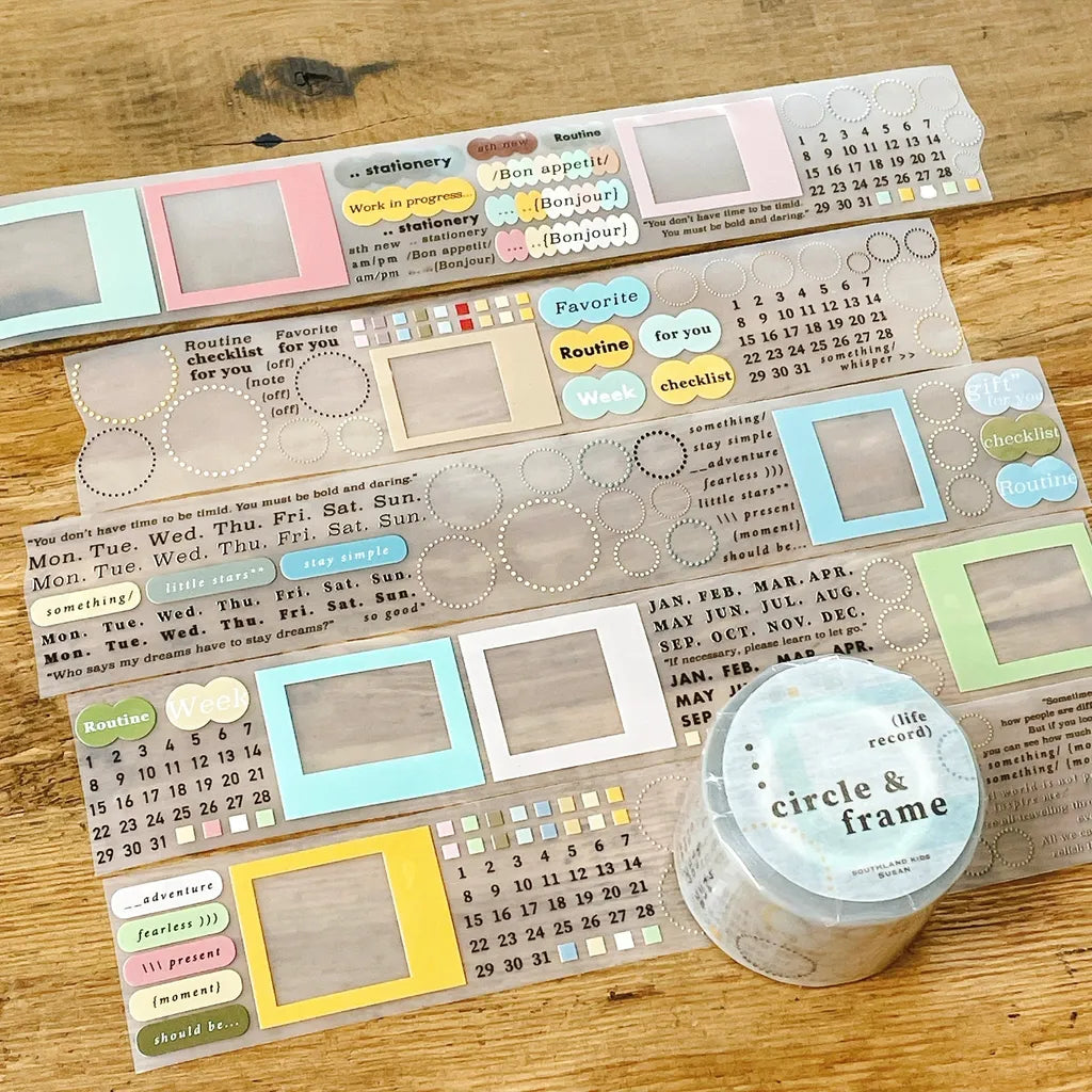 Minimalist Circle and Frame PET Tape circle stickers in soft pastels with motivational text