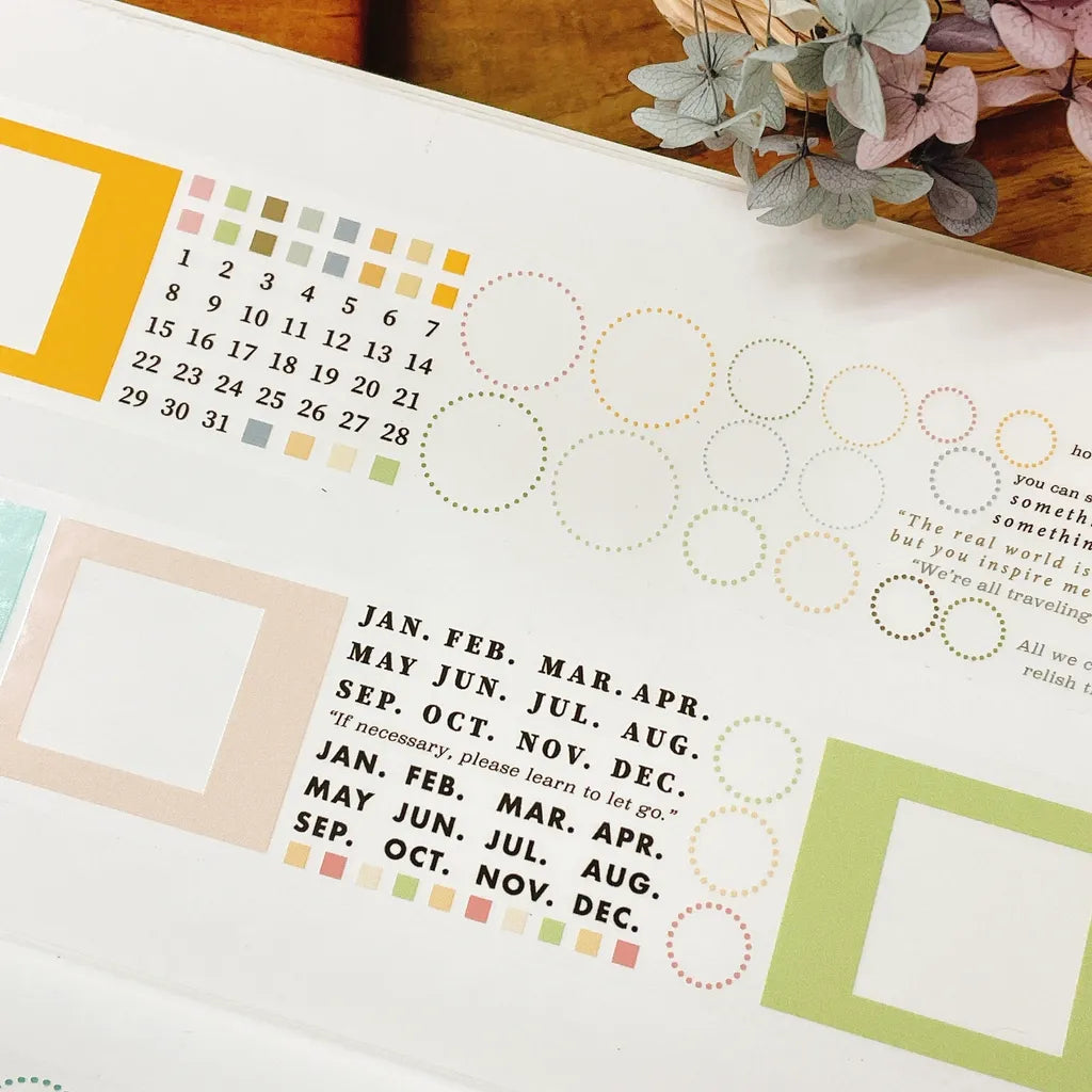 Circle and Frame PET Tape sheet with a monthly calendar layout and pastel color blocks