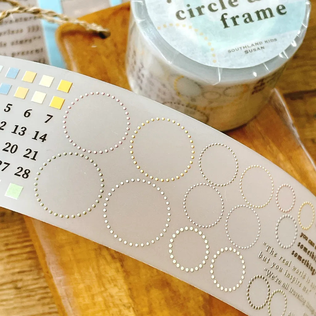 Pastel Circle and Frame PET Tape sheet featuring stationery, Bon appetit and Bonjour labels