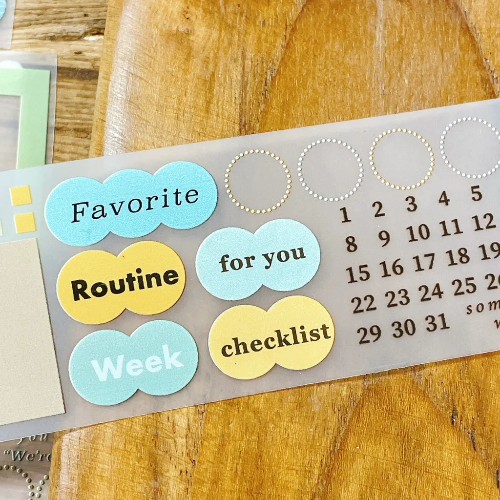 Organized display of Circle and Frame PET Tape strips with frames and date number stickers